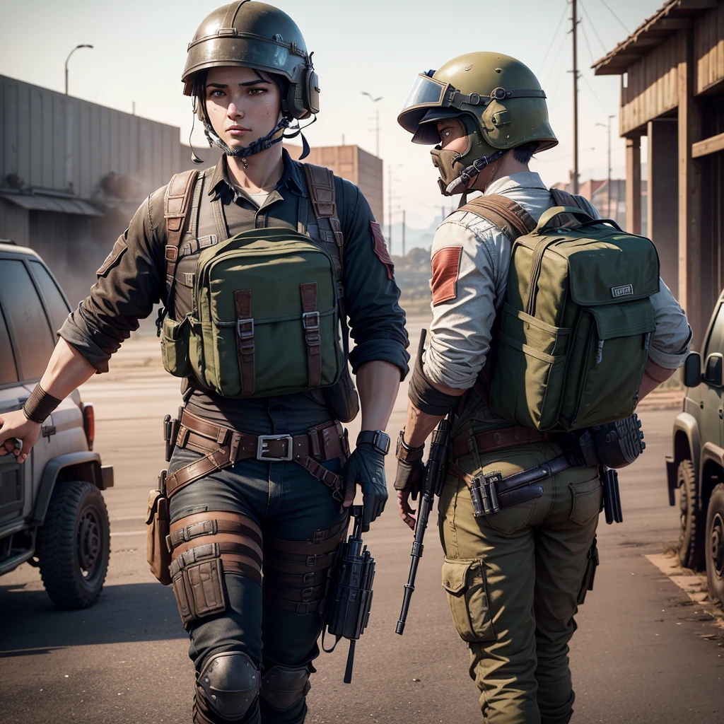 PUBG, master part, Great details, UHD, HDR, 8k, Papel de parede 1920x1080p, pubg Player with equip spentaz helmet and armor lv. 3 , Carrying AKM, turn your neck on right in photo, UAZ Vechile in the background