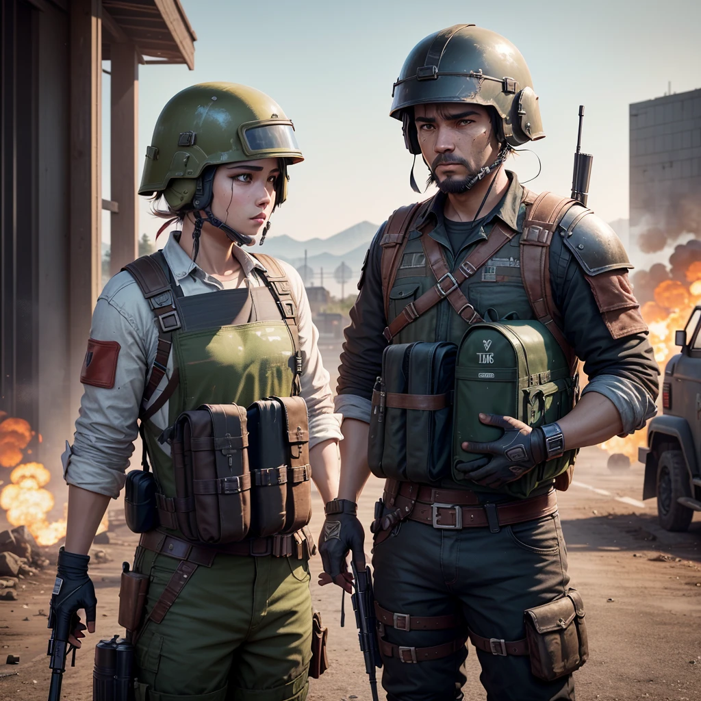 PUBG, master part, Great details, UHD, HDR, 8k, Papel de parede 1920x1080p, pubg Player with equip spentaz helmet and armor lv. 3 , Carrying AKM, turn your neck on right in photo, UAZ Vechile in the background