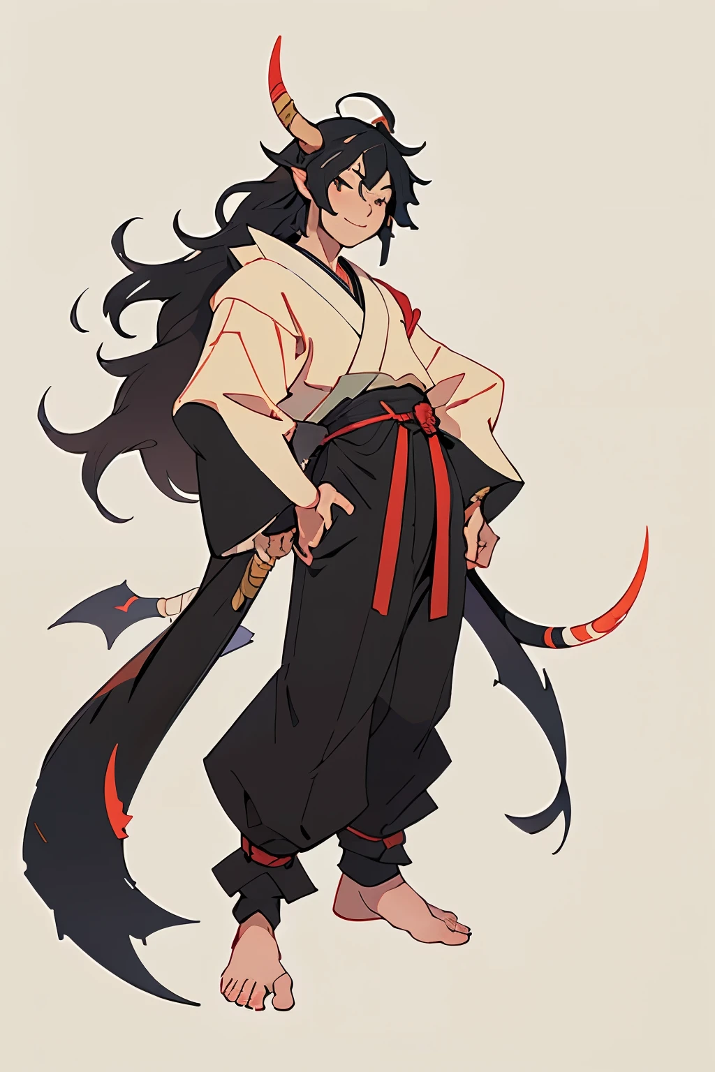 A young man with black hair and horns、Japanese style fantasy clothing、Full body illustration、Single color background