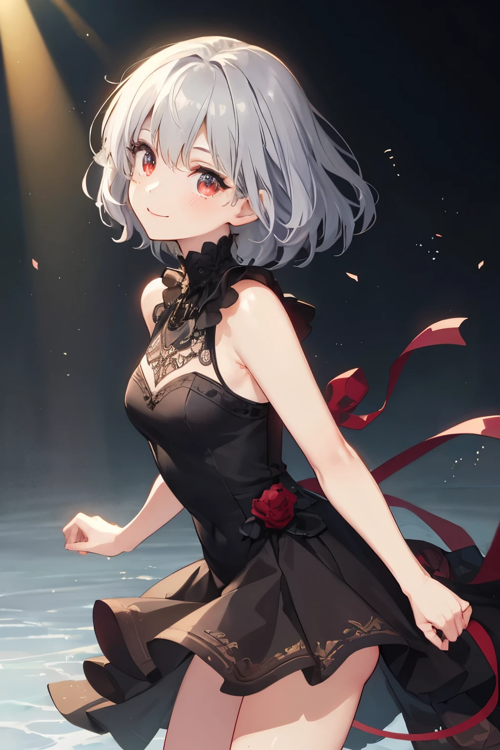 (Tabletop.highest quality).(Dynamic Angle). (Incredibly detailed CG paintings),(Perfect Image)、Solo Girl、Animating、Japanese anime、Comic Strip.figure.One Girl.Detailed face、Perfect Face.Delicate face、(繊細なgirl in a black dress)、Textured skin、(Gray Hair:1.3)、short hair、((Beautiful red eyes)).Delicate and beautiful eyes、The eyes are detailed、Reflected Eyes、Watery eye、smile.(Staring at the audience:1.3).(Face is a little red:0.8)、8k wallpaper、Cowboy Shot、reflected light、Highest detail、Complex、Delicate background、Textured skin、Detailed skin、(Ultra-high resolution)、girl in a black dress、Solo Girl