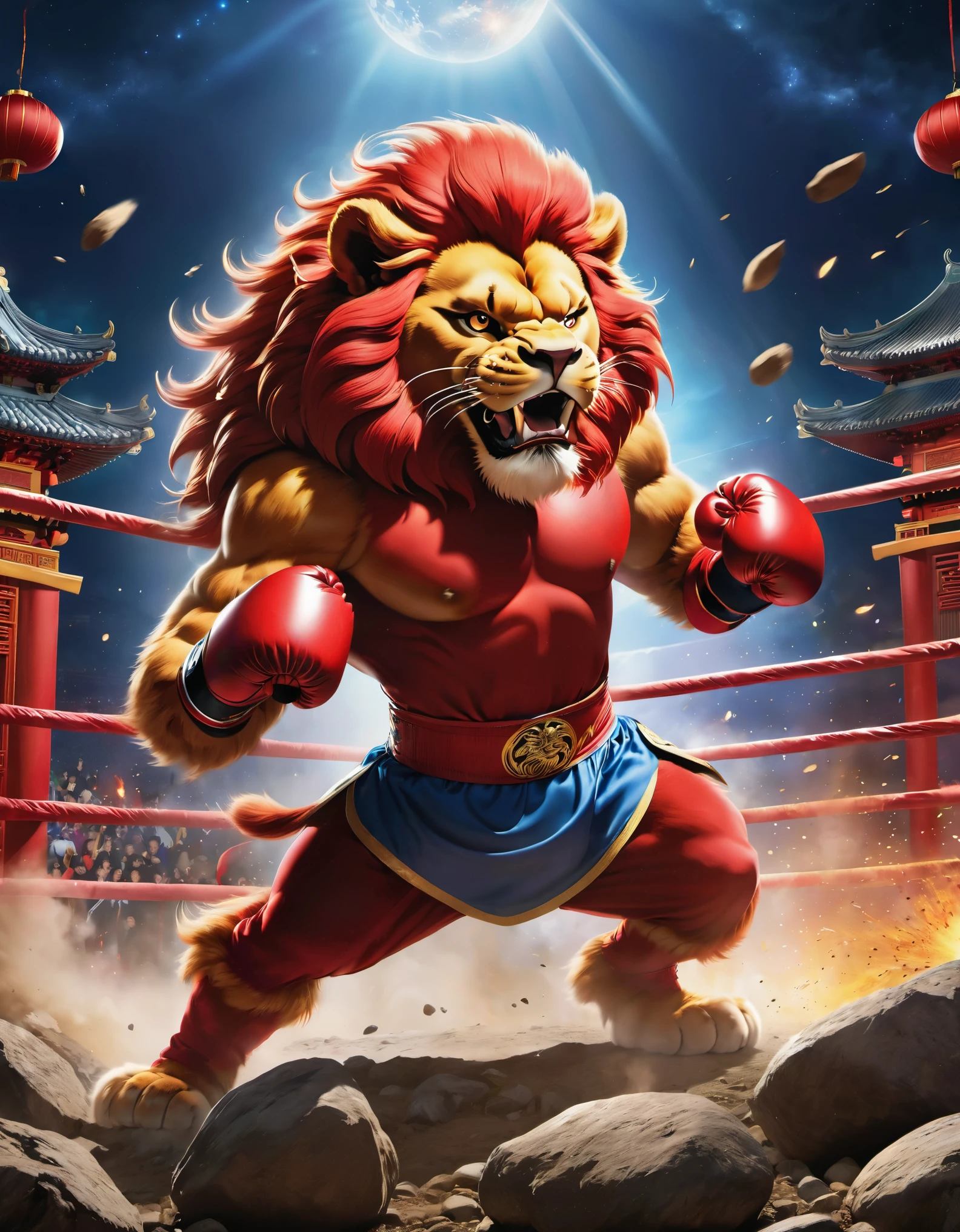 Movie Poster, Dueling Moments, (a strong red Chinese lion in a boxing match), punching action, anthropomorphic, vast universe, landslide, crushed stones flying around, world conquering, crushing everything,
Elevation Angle Photography, Poster, Animation, Studio Ghibli, Detailed Illustration, Official Art, Kawasaki Style, 32k, Night, HD Wallpaper, Selective Focus, Documentary Style, Precisionist Influence, Thought-provoking, Ethereal Atmosphere