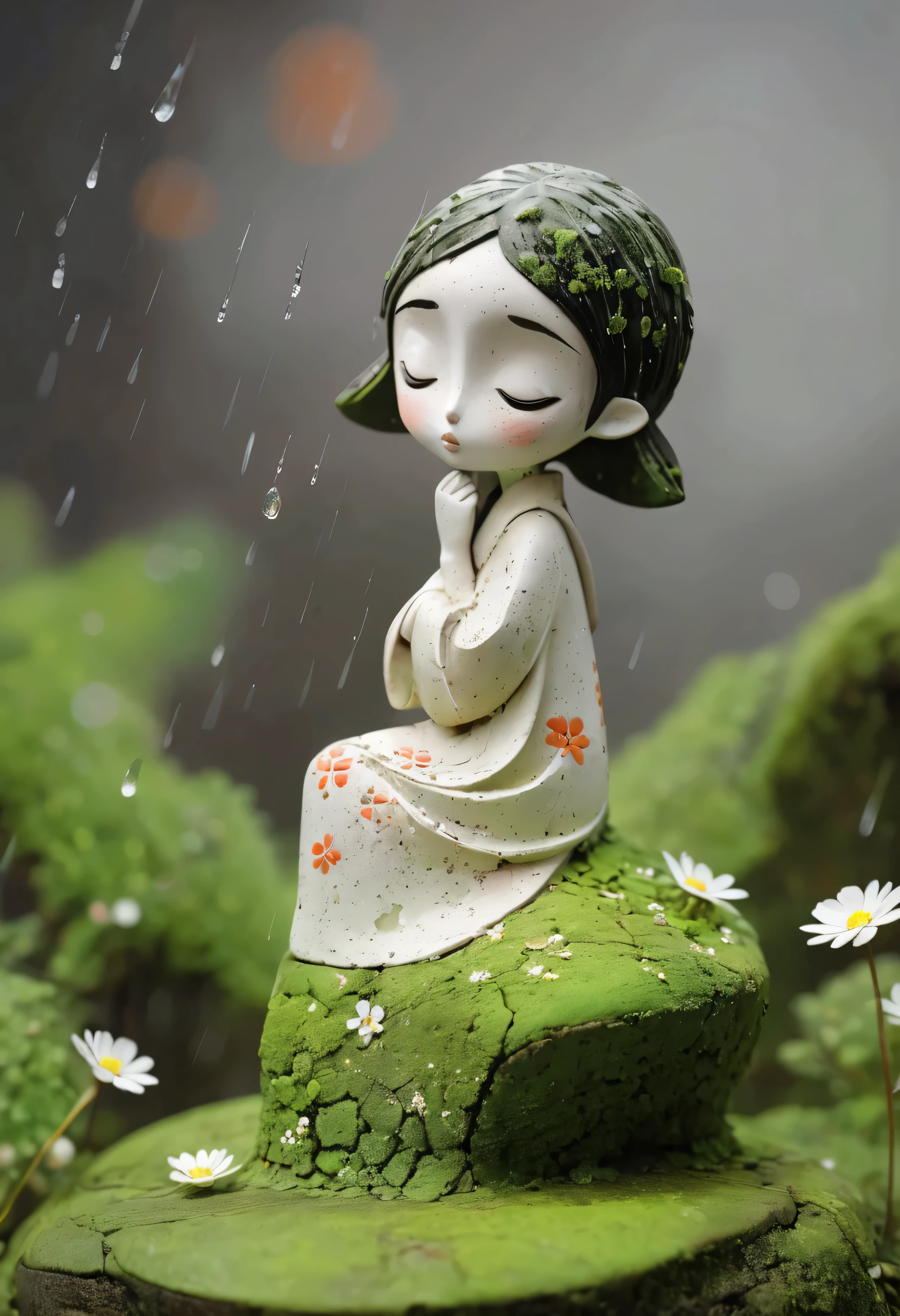 Abandoned clay sculpture，Minimalist sculpture，3D， 1 girl, Lonely,  blush,Rough surface，Surface patterns and textures，Surface scratches，grainy，old，broken。Moss，rain，small white flowers,One