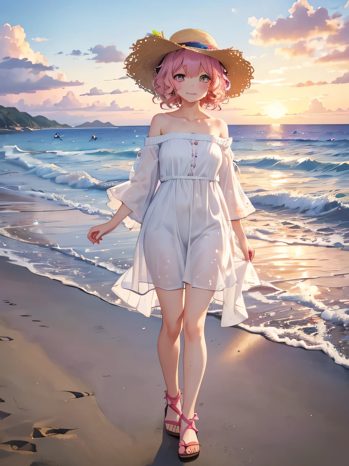 (One transcendent beautiful girl)、ultra-detailed、(8k, RAW photo, best quality, masterpiece:1.2), (extremely detailed 8k wallpaper),professional lighting,sharp focus, depth of field、(((Detailed and accurate face))),((Full body painting))、Beautiful legs、Sandals、nfws,((Pink fluffy short bob、rainbow colored curl hair、Curly hair))、Flower Hair Ornaments、shoulder、clavicle、Straw hat、Lightweight cardigan、Flare One Piece、Strapless、Off the shoulder、valley、summer、Walking along the beach、sunset、The wind is blowing、Sweat、Smile lightly