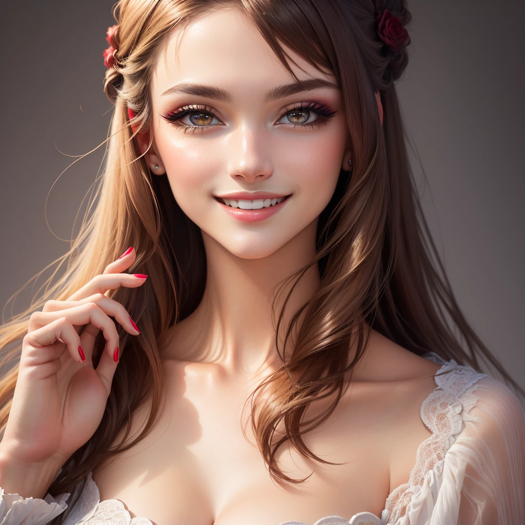 Masterpiece, best quality, a close up of a woman with a beautiful makeup and red nails, beauty look, sweet smile, cute