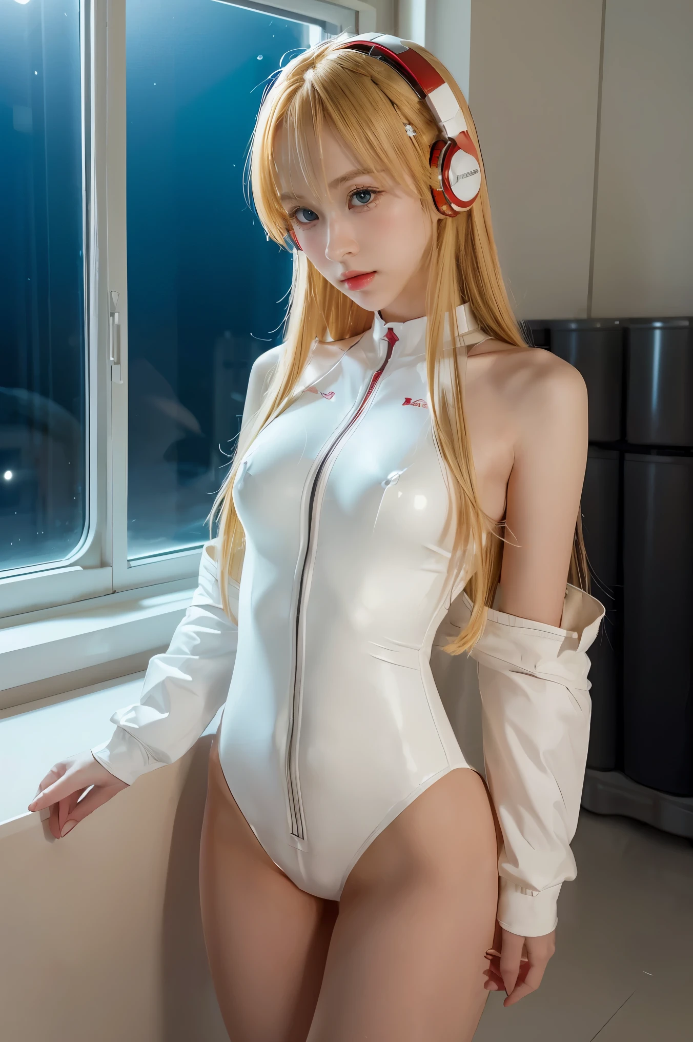 (Overhead view),dynamic angle,ultra-detailed, illustration, close-up, straight on, 1girl, ((souryuu asuka langley, interface headset, red bodysuit:1.4, blonde)),Her eyes shone like dreamy stars,(glowing eyes:1.233),(beautiful and detailed eyes:1.1),(expressionless,closed mouth),(standing), (mechanic room with toolsand spaceship windowin a white SPACESHIP), (night:1.2),dreamy, [[delicate fingers and hands:0.55]::0.85],(detail fingers),