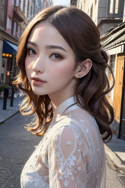(masterpiece, highest quality, highest quality), ((A mix of vibrant colors and European patterns)),(See-through gown),colorfulノースリーブブラウス,Silk wide pants,,beautifully,Mysterious:1.2, (One Girl:1.3), Very detailed,(Fractal Art:1.1),(colorful:1.1), Mature Woman,(Light brown curly hair),Long Bangs, A kind smile, (Mouth closed), (highest qualityのmasterpiece:1.2) Delicate illustrations, Most detailed,Full body portrait, (Street background:1.3), (Shiny skin), (Many colors:1.4), ,(Earrings), Thick sole,White Tech Sneakers:1.3,