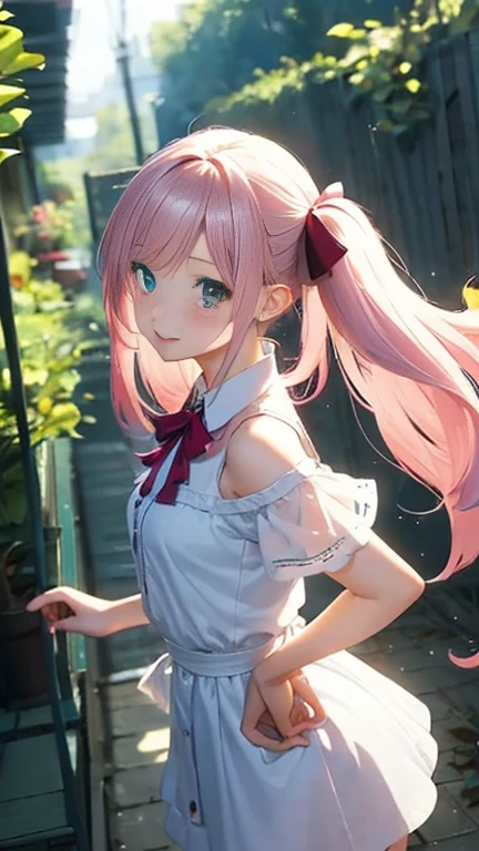 Anime girl with pink hair and a ribbon in her hair, Cute realistic portrait, 髪の毛はSilver、Gweitz, Magical Girl Portrait, Cute Characters, Cute art style, Anime Moe Art Style, MapleStory character art, cute portrait, Cute Anime Girl Portrait, Small person portrait, artwork in the style of Gweitz, Splash Art Anime ,Lace blouse、See-through、See-throughのワンピースの水着、White ilver、Long twin tails、bird、Wind、Thick thigharried Woman