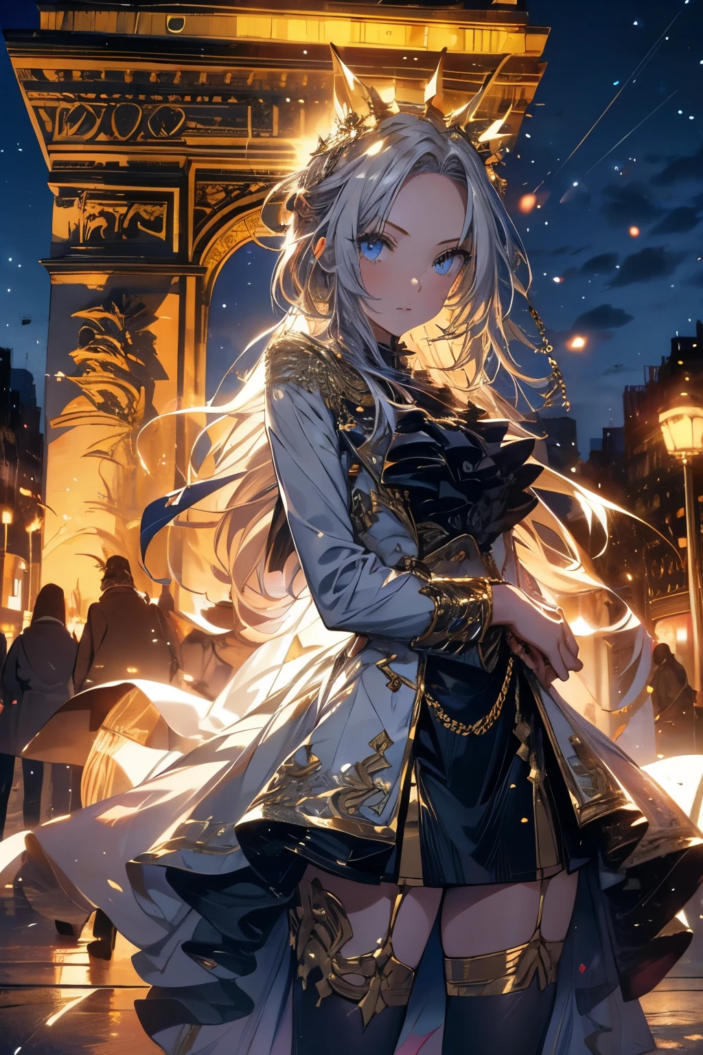 ((Standing in front of the Arc de Triomphe in France))、umamusume, Ultra-fine illustrations, Baroque, Close-up of a girl, Best detailed girls, Noise and particles, wallpaper 8k CG, the highest quality, A highly detailed masterpiece, pixiv masterpiece::1.2 ,Game CG, Animated masterpiece,2D,watercolor,High Contrast,highest quality,Highly detailed beautiful skin,Lens flare on the skin,Shiny Hair,Shining Eyes,Shiny clothes,Particles of light,Orfèvre、Long white and golden hair、Sharp Eye、