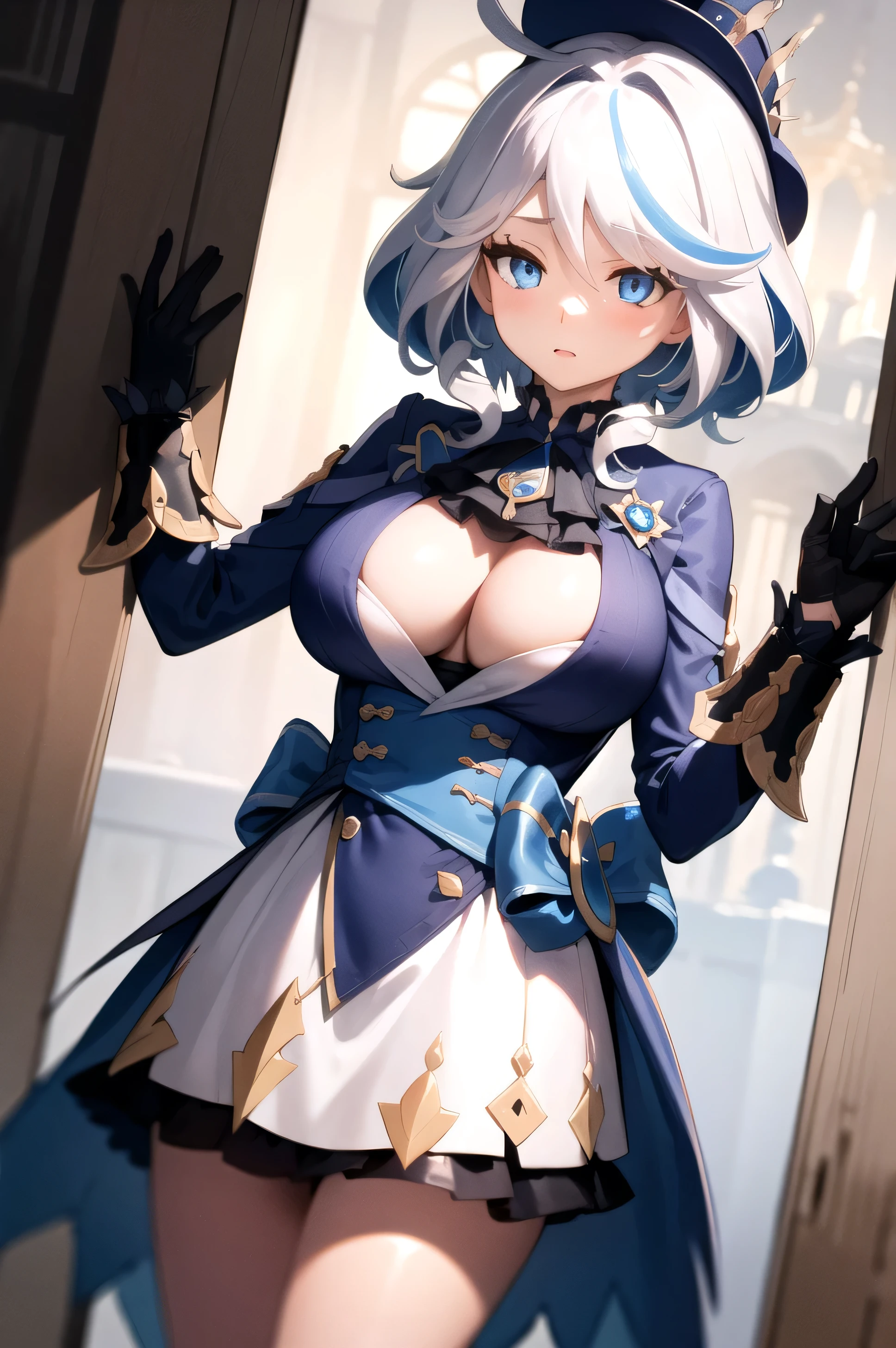 (masterpiece, best quality, detailed), 1girl, solo, looking at viewer, furina, white hair, streaked hair, blue hair, blue eyes,huge breasts, wearing black gown, bandages, gloves, cowboy shot, dutch angle,