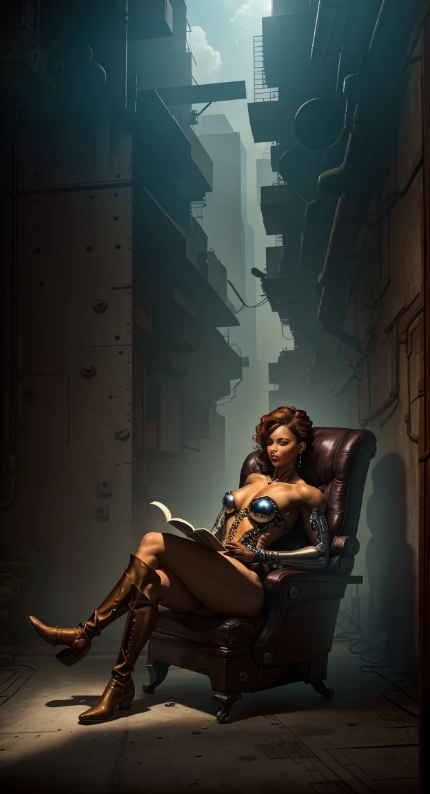 office in a skyscraper in a big city, cyborg woman sits in a luxurious chair and reads a book, Heavy men&#39;s boots, high quality, absurd, masterpiece, Beautiful, complex parts, 1/2 body trimmings, slender body, Beautiful figure, Magnificent Anatomy, (complex parts:1.12), HDR, (complex parts, hyper detail:1.15), (natural skin textures, hyperrealistic, soft light, spicy:1.2)