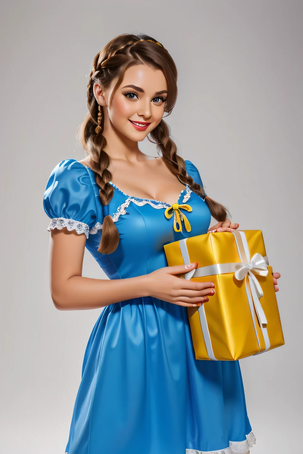 looking at camera adorable laught pin-up young woman holding big gift in hands, sexy traditional ukrainian blue and yellow dress with big , attractive hair with braid, isolated on light background white background, realistic, 4K, studio light, photo realistic 4k full body
