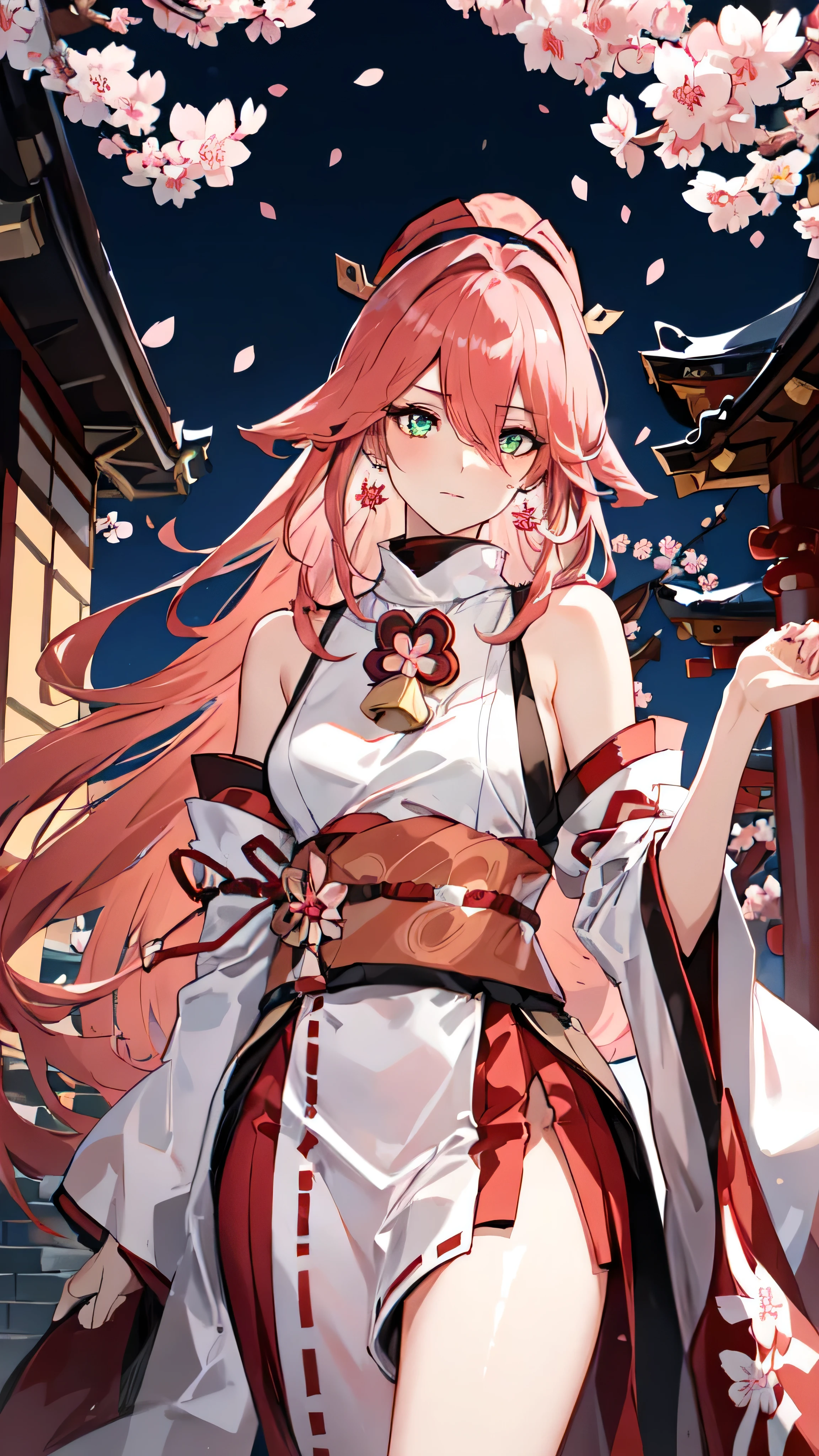 (masterpiece, superb style, 1 girl, alone, intricate details, Color difference), realism, ((medium breathing)), bare shoulders, long pink hair, red headdress, red highlight, hair above one eye, green eyes, earrings, sharp vision, Perfectly symmetrical figure, collar, neon shirt, open jacket, turtleneck sweater, against the wall, brick wall, doodle, dim lights, alley, looking at the audience, ((meaning is, Tempting, charming)), (((Sakura background))), (( Japanese temple background))), (((glowing background)))