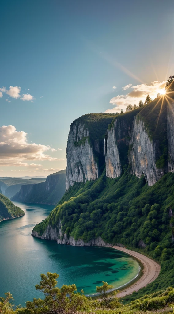 Masterpiece, ultimate quality, Cg unity 8k wallpaper, super delicate, beautiful sky and clouds, rich natural scenery, cliffs, lakes and rivers, waterfalls and flying water, beautiful green mountains, no trace of people, excellent scenery, has already won a photo contest, background Blurring, full depth of field, HDR high dynamics, true restoration, intricate, extreme details, dramatic presentation, perfectly presenting the style of midjourney art.