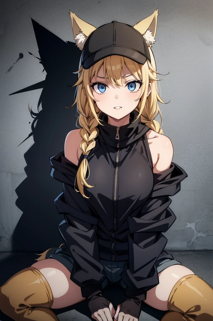 (((grayscale)))(masterpiece:1.2, best quality), (graffiti wall:1.15), 1lady, beanie, jacket, Leggings, blue eyes, fullbody,1girl,1 wolf girl, onyx eyes, (wolf tail:1.1), wolf ears, smirk, parted lips, cute, 
bare shoulders, medium breasts, (underboob:0.7), 
goggles on head, (worn-out:1.1), (torn:1.1), chest protector, elbow pads, short shorts, (knee boots:0.9), 
knee up, sitting on stairs, post-apocalypse, sandstorm, smoke, rubble, 
sharp focus, looking at viewer, cowboy shot, 
(light brown and black theme:1.1), (black tone:1.3), light brown tone, illustration, (anime coloring:1.1), 
(masterpiece:1.2), (best quality:1.2), newest, (intricate details:1.2), ai-generated, ,Eiko Tsukimi, blue eyes, braid, twin braid,(((blonde hair))),baseball cap