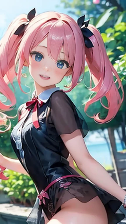 Anime girl with pink hair and a ribbon in her hair, Cute realistic portrait, 髪の毛はSilver、Gweitz, Magical Girl Portrait, Cute Characters, Cute art style, Anime Moe Art Style, MapleStory character art, cute portrait, Cute Anime Girl Portrait, Small person portrait, artwork in the style of Gweitz, Splash Art Anime ,Lace blouse、See-through、See-throughのワンピースの水着、White ilver、Long twin tails、bird、Wind、Thick thigharried Woman