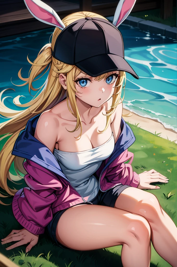 a girl in bunny shorts is sitting and waiting for something or somebody, 1girl, solo, blue eyes, long hair, blonde hair, breasts, animal ears, hat, baseball cap, looking at viewer, sitting, bare shoulders, thighs, black headwear, medium breasts, jacket, shorts, collarbone, off shoulder