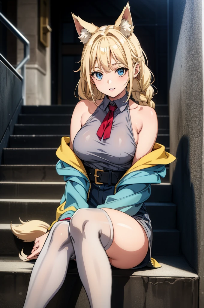 a cartoon style blond haired woman in blouse and shorts sitting against cement stairs, 1girl, solo, animal ears, blonde hair, breasts, blue eyes, looking at viewer, tail, thighhighs, jacket, large breasts, long hair, sitting, braid, thighs, off shoulder, grey shirt, bare shoulders, smile, shirt, parted lips, sleeveless