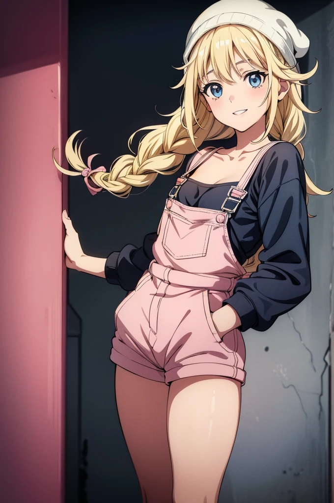 (((grayscale)))(masterpiece:1.2, best quality), (graffiti wall:1.15), 1lady, beanie, jacket, Leggings, blue eyes, fullbody,1girl,1 rose quartz eyes, (smile:1.1), (parted lips:0.8), cute,
bare arms, medium breasts, (cleavage:0.8), (collarbone:0.9), (thighs:0.7),
tube top, overalls, (ribbon:1.1),
hand in pocket, pink street,
sharp focus, looking at viewer, cowboy shot,
(intricate:1.1), (light pink theme:1.1), (light pink tone:1.1), (deepblue tone:0.9), (anime coloring:1.1), illustration, ,Eiko Tsukimi, blue eyes, braid, twin braid,(((blonde hair))),baseball cap