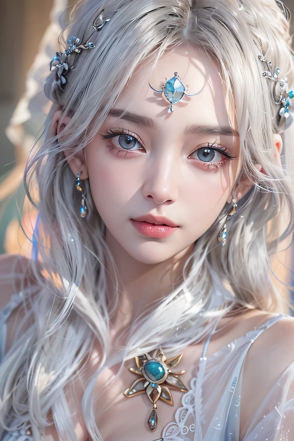 (masterpiece:1.3), (8k, Photorealistic, Raw photo, Best image quality: 1.4), Fair-skinned fairy woman、Long Haircut、Cleavage:2.0、Super detailed face、Attention to detail、double eyelid、Put your chest together、Sharp focus:1.2、Beautiful woman:1.4、Silvery white hair、highest quality、masterpiece、超A high resolution、(Photorealistic:1.4)、Highly detailed and professionally lit smile、Loose, light, Ancient Greek clothing、Shoulder out、thin、Serious expression、Short-haired、Deadly position, gorgeous accessories, one person、whole body,walking the beach