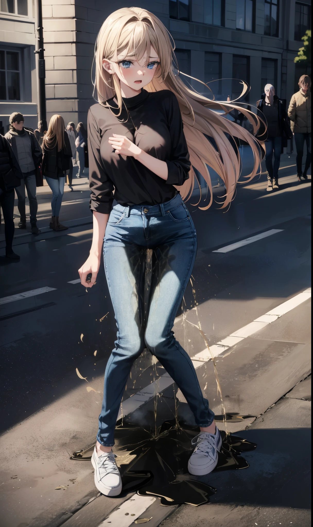 ultra high resolution, photorealistic:1.2, uhd, (dynamic angle, standing pose:1.2), outdoors, downtown, (legs focus, full body:1.3), (beautiful face, beautiful eyes, beautiful legs), not safe for work, (peeing self:1.7), wetting herself, (pee stain:1.5), peeing herself, (urination:1.5),
1girl, 20 year old, european, white skin, dark blond hair, straight hair, hair over shoulder, forehead, blue eyes, blush, scared, panicking, open mouth, looking at viewer, (tight black see through shirt), cleavage, hard nipples, (hands between legs:1.4), skinny, thin waist, (jeans pants, skinny jeans, blue jeans), white sneakers, (knees together feet apart:1.4)