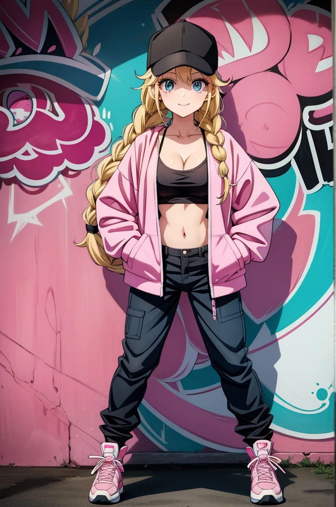 a female anime style cartoon character with pink and black clothing and hat, 1girl, solo, breasts, hat, twin braids, blue eyes, blonde hair, braid, long hair, baseball cap, cleavage, black headwear, hands in pockets, looking at viewer, full body, pink jacket, shoes, pants, jacket, black footwear, graffiti, smile