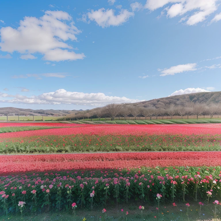 Campo de flores(rosas vermelhas)with the beautiful blue sky.