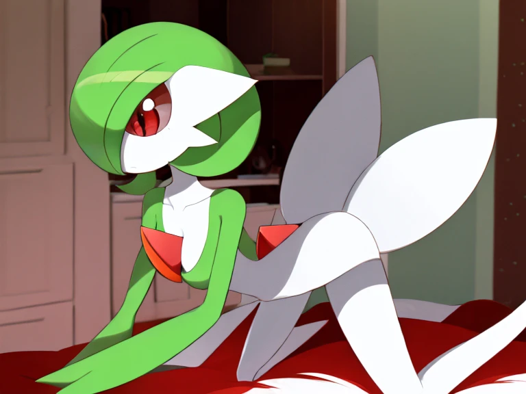 girl, solo, gardevoir, creatures \(company\), game freak, nintendo, pokemon, pokemon \(game\), bangs, colored skin, female focus, sad, gen 3 pokemon, green hair, green skin, hair over one eye, multicolored skin, pokemon \(creature\), red eyes, short hair, two-tone skin, white skin, at home, empty eyes, dull eyes, blank eyes, blank expression, hypnotized, dazed, blank, enthralled, cocktail dress, bare legs, slim legs, abused, sexy