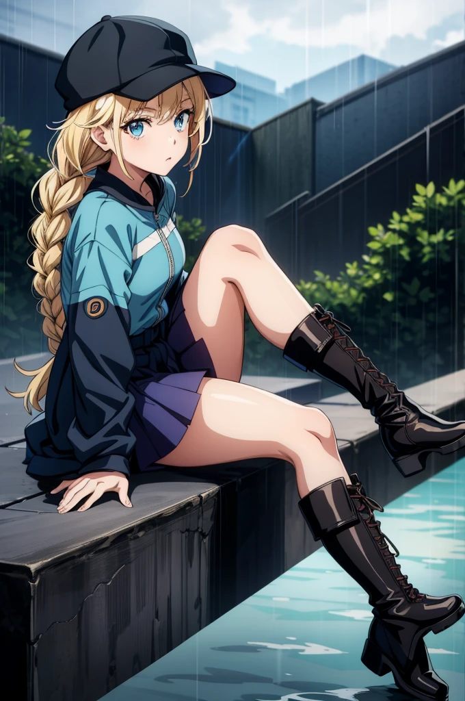 an anime style animation girl sitting on top of a ledge in the rain, 1girl, boots, solo, blonde hair, sitting, blue eyes, looking at viewer, braid, skirt, twin braids, hat, black footwear, jacket