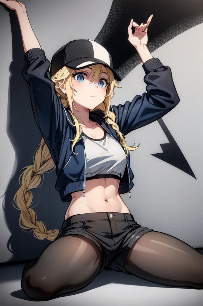 dynamic_pose, 1girl, older, older_woman, several ear piercings, lots of earrings, round face, bangs, bare_shoulders, green eyes, baseball_cap, blonde_hair, ponytail, athletic, fit, medium_breasts, collarbone, earrings, open_mouth, full_body, ((halter_top, halterneck, shirt)), hat, highleg, highleg_panties, jeans, jewelry, lowleg, lowleg_pants, midriff, panties, pants, smile, sneakers, solo, torn_jeans, torn_legwear, torn_pants, underwear, outdoors