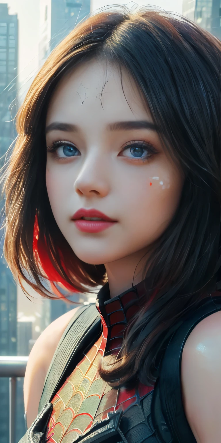 (1girl:1.3), Solo, (((Very detailed face)))), ((Very detailed eyes and face)))), Beautiful detail eyes, Body parts__, Official art, Unified 8k wallpaper, Super detailed, beautiful and beautiful, beautiful, masterpiece, best quality, original, masterpiece, super fine photo, best quality, super high resolution, realistic realism, sunlight, full body portrait, amazing beauty, dynamic pose, delicate face, vibrant eyes, (from the front), She wears Spider-Man suit, red and black color scheme, spider, very detailed city roof background, rooftop, overlooking the city, detailed face, detailed complex busy background, messy, gorgeous, milky white, highly detailed skin, realistic skin details, visible pores, clear focus, volumetric fog, 8k uhd, DSLR, high quality, film grain, fair skin, photo realism, lomography, futuristic dystopian megalopolis, translucent