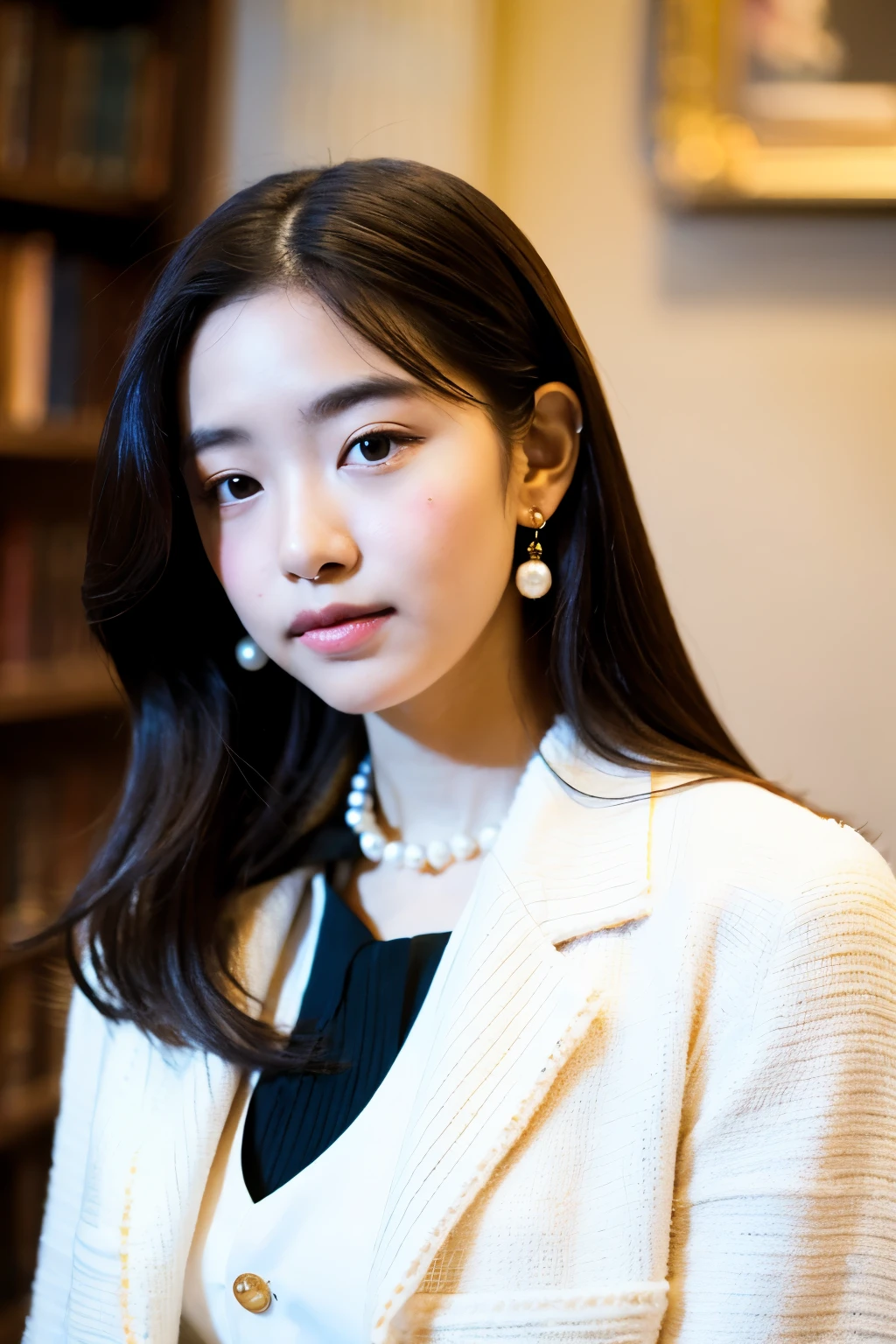 A Manet-inspired portrait of a young woman with the old-money aesthetic: long layered hair, cream blazer, white blouse, black trousers, pearls, subtle makeup, library background
