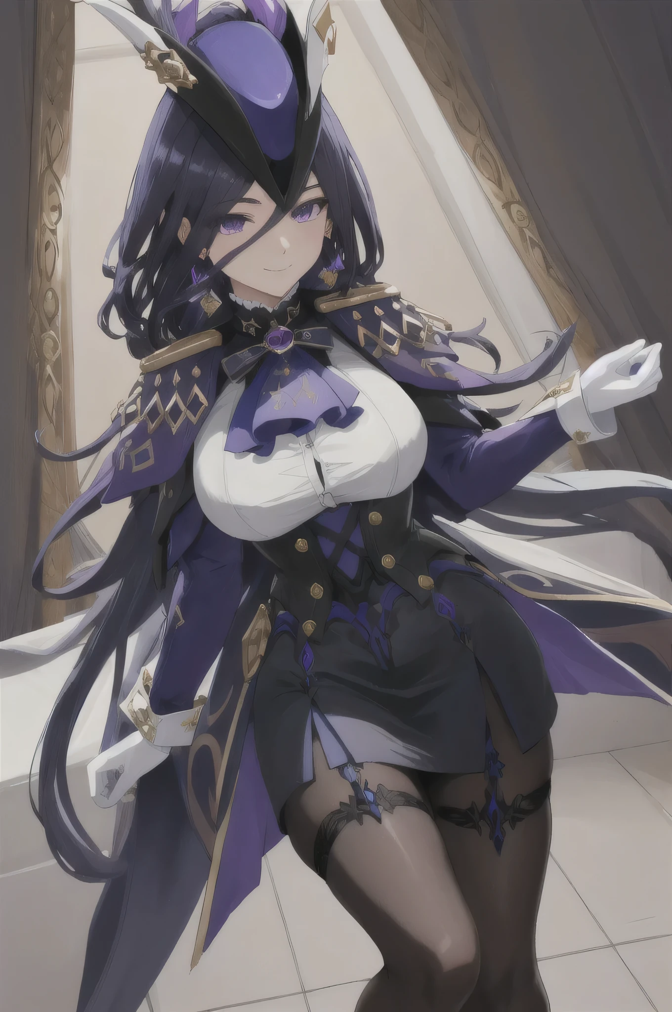 masterpiece, best quality, highly detailed, 1girl, solo, giclorinde, purple eyes, huge breasts, hair between eyes, long hair, dark blue hair, earrings, black skirt, miniskirt, pantyhose, purple ascot, purple capelet, black corset, black pantyhose, black skirt, white gloves, hat, tricorne, embarrassed, smiling