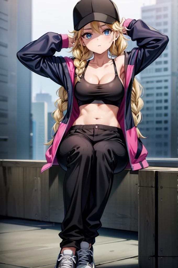 a cartoon character in black cap, black pants, black shoes standing with arms hanging down, 1girl, hat, solo, blue eyes, braid, twin braids, blonde hair, breasts, arms up, sitting, navel, shoes, baseball cap, sneakers, cleavage, long hair, looking at viewer, pants, jacket, open clothes, sports bra, open jacket, leggings, black headwear, collarbone
