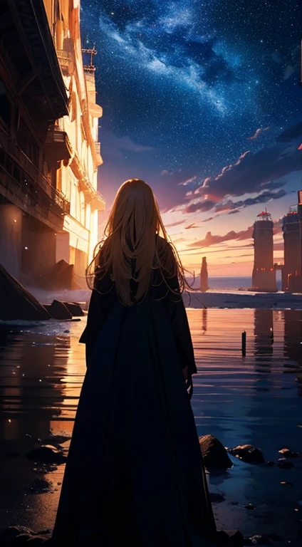 1people々々々々々々々々々々,Blonde long-haired woman,Long coat, Dress Silhouette, Rear View,Space Sky, The boundary between sea and space,