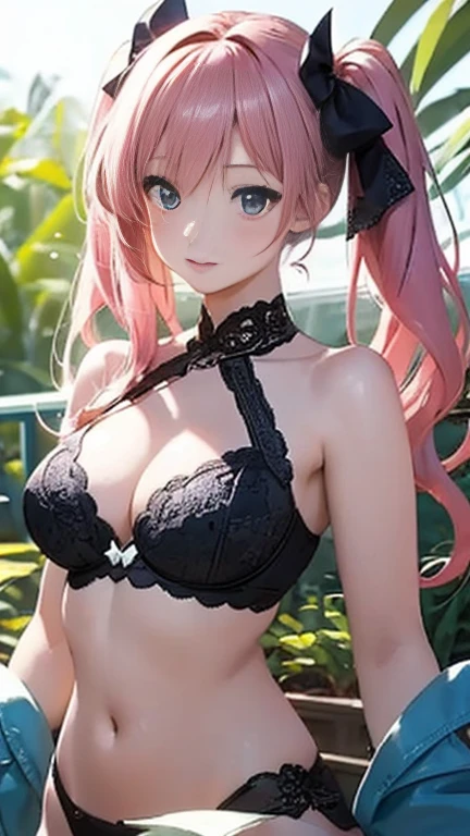 Anime girl with pink hair and a ribbon in her hair, Cute realistic portrait, 髪の毛はSilver、Gweitz, Magical Girl Portrait, Cute Characters, Cute art style, Anime Moe Art Style, MapleStory character art, cute portrait, Cute Anime Girl Portrait, Small person portrait, artwork in the style of Gweitz, Splash Art Anime ,purple、Detailed lace bra、See-through、See-throughのワンピースの水着、White ilver、Long twin tails、bird、Wind、Thick thigharried Woman