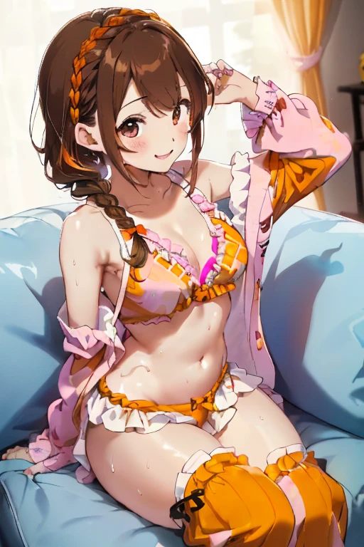 ((Brown Hair)),((Braided Short Hair)),(had black eyes))),(With bangs)),A slight red tide,(Pajama long sleeve cardigan clothes with lots of frills),(Hair band made of fluffy material),((White, pink, orange, yellow)),(colorful, Cute pajamas with marble pattern),(Cute fluffy socks like a fairy tale),((colorful and pop world view)),(((the body shape is slender))),(((hold a mobile game console with both hands))),((During the game)),(Nintendo Switch)),(Navel-baring style),(A cheerful smile),(Face close-up)((Sleeveless negligee)),((Pants made of soft and voluminous sweat material)),(room style),(Sitting on the couch、Place a cushion under your armpits),