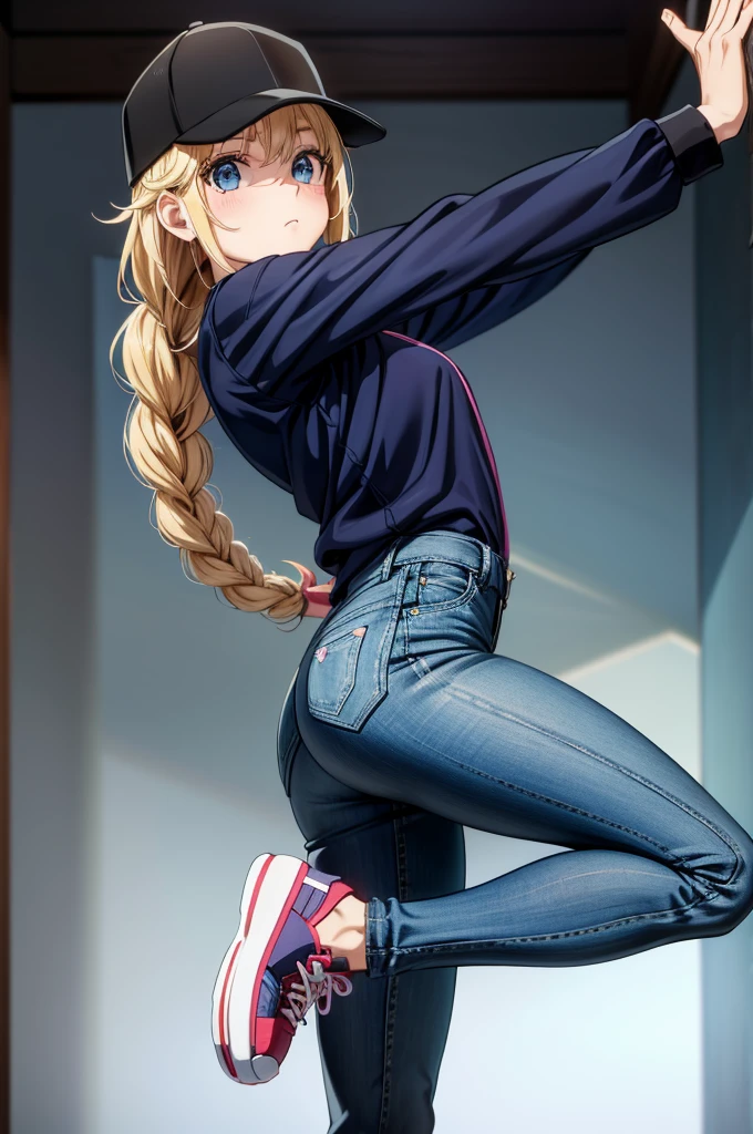 a fictional character wearing white tights and black shirt and blue jean jean capris, 1girl, baseball cap, braid, blue eyes, blonde hair, hat, long hair, shoes, sneakers, solo, blush, jacket, pantyhose