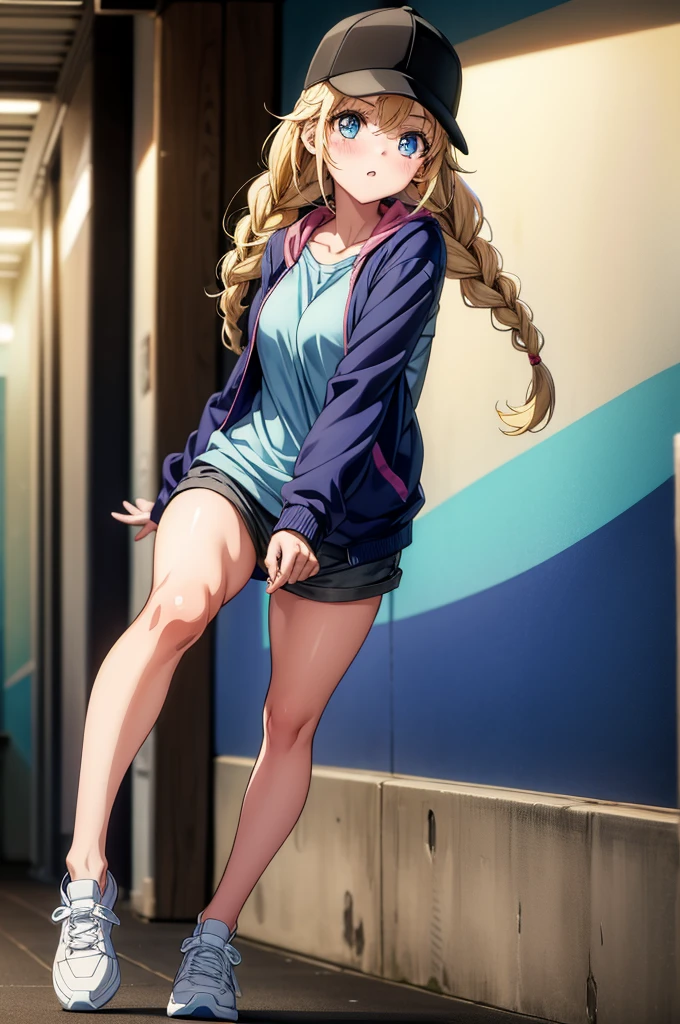 a cartoon girl running toward camera in hall of building while drawing graffiti, 1girl, blonde hair, hat, baseball cap, solo, blue eyes, jacket, black headwear, braid, breasts, twin braids, shirt, blush, open jacket, long hair