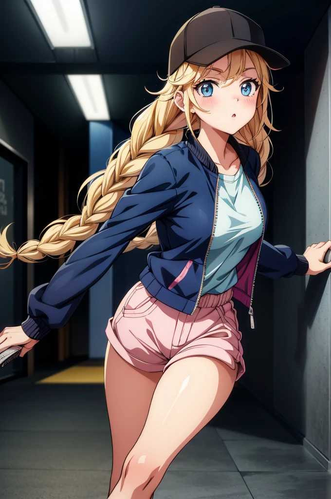 a cartoon girl running toward camera in hall of building while drawing graffiti, 1girl, blonde hair, hat, baseball cap, solo, blue eyes, jacket, black headwear, braid, breasts, twin braids, shirt, blush, open jacket, long hair