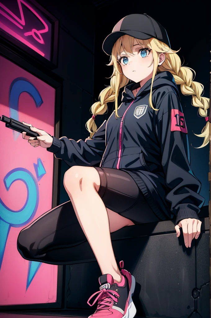 (((grayscale)))(masterpiece:1.2, best quality), (graffiti wall:1.15), 1lady, beanie, jacket, Leggings, blue eyes, fullbody,1girl, multicolored hair, black and pink hair, bulletproof vest, military uniform, cyberpunk, holding gun, cyberpunk, city, neon lights, waif1 girl, teal hair, pink eyes, white hoodie, black shorts, outdoors, red headphones, more prism, vibrant color,Eiko Tsukimi, blue eyes, braid, twin braid,(((blonde hair))),baseball cap,