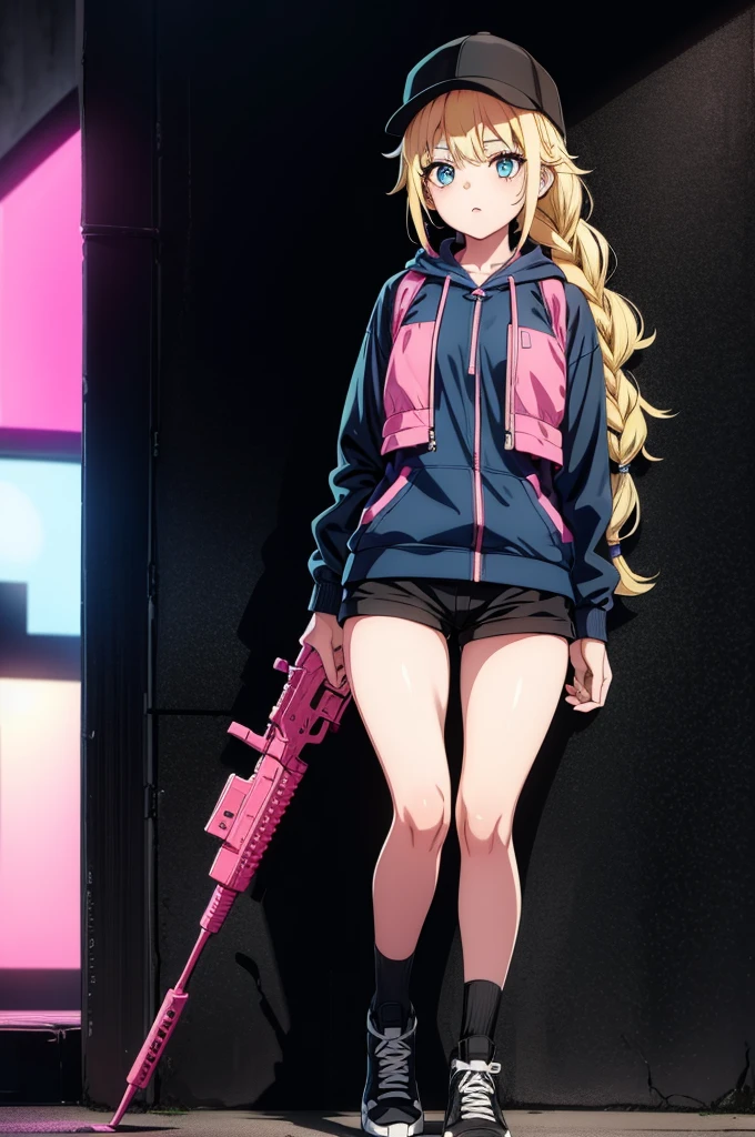 (((grayscale)))(masterpiece:1.2, best quality), (graffiti wall:1.15), 1lady, beanie, jacket, Leggings, blue eyes, fullbody,1girl, multicolored hair, black and pink hair, bulletproof vest, military uniform, cyberpunk, holding gun, cyberpunk, city, neon lights, waif1 girl, teal hair, pink eyes, white hoodie, black shorts, outdoors, red headphones, more prism, vibrant color,Eiko Tsukimi, blue eyes, braid, twin braid,(((blonde hair))),baseball cap,