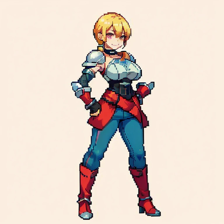 burly woman, exaggerated large muscles, skinny pants, high-heels, standing on your feet, beautiful attractive face, full body like, single female, very fair skin, thin waist, ((Plain background 1:2)) (Cammy White Street Fighter 6) Female full body standing straight symmetrical, (breastplate, choker, bracers, handcuffs, shackles, rerebrace, armored, high boots bootstraps, shoulder armor, faulds, poleyn, gloves, gauntlets), lustful smirking smile face red blushed red cheeks, (hands (clenching) on hips), loincloth, pinched eyes, (big-:1.5) thin legs, thin body, leather collar, view from below, wide hips (pixel, pixel art)
