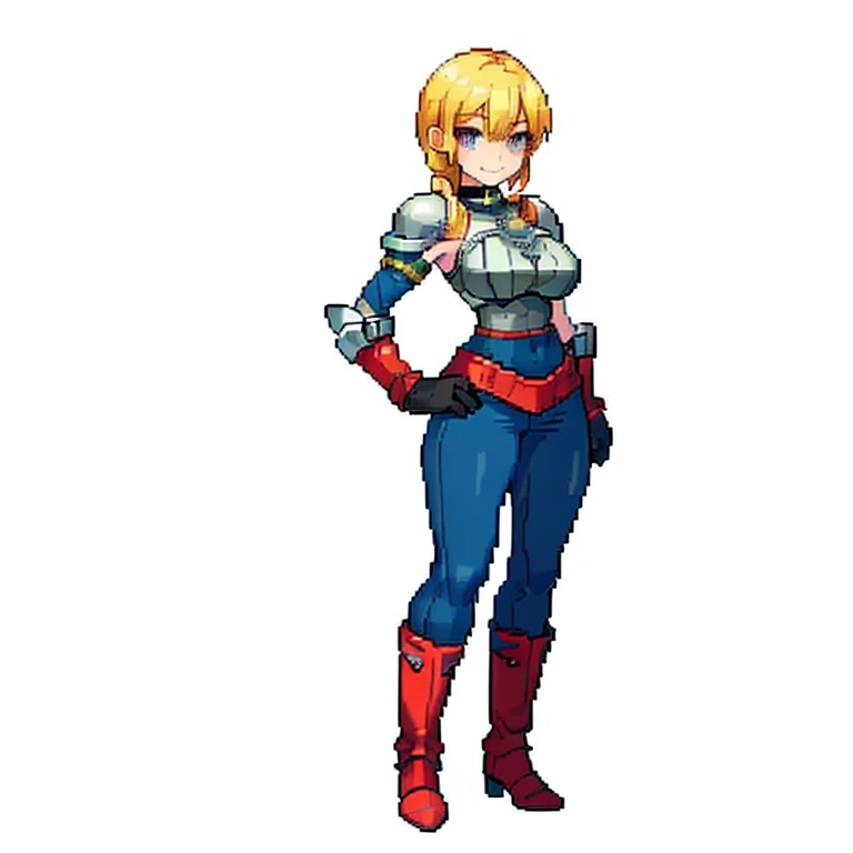 burly woman, exaggerated large muscles, skinny pants, high-heels, standing on your feet, beautiful attractive face, full body like, single female, very fair skin, thin waist, ((Plain background 1:2)) (Cammy White Street Fighter 6) Female full body standing straight symmetrical, (breastplate, choker, bracers, handcuffs, shackles, rerebrace, armored, high boots bootstraps, shoulder armor, faulds, poleyn, gloves, gauntlets), lustful smirking smile face red blushed red cheeks, (hands (clenching) on hips), loincloth, pinched eyes, (big-:1.5) thin legs, thin body, leather collar, view from below, wide hips (pixel, pixel art)