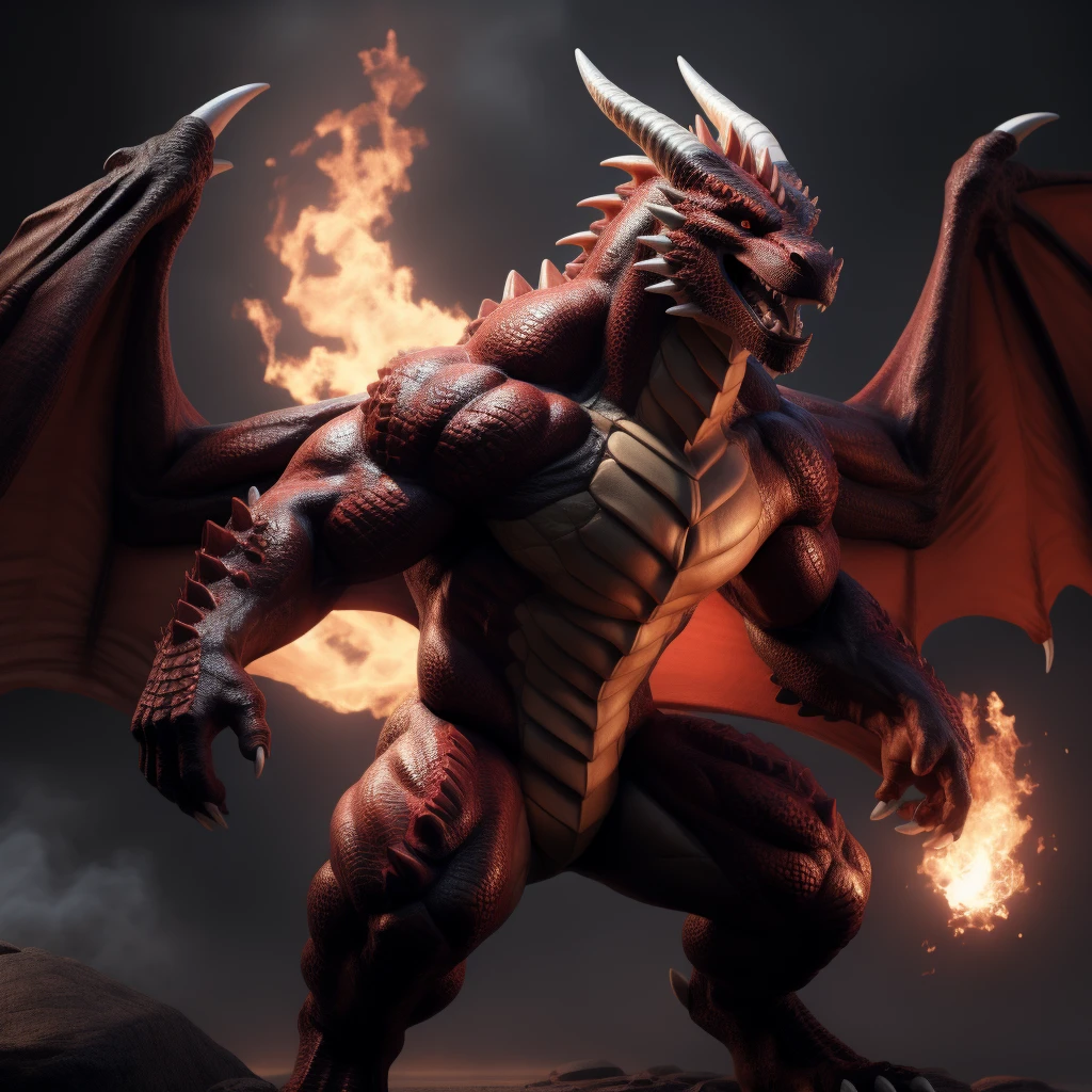 Man with a powerful physique and the ability to transform into a dragon, roaring flame in his hands, muscular build, intricately detailed scales, fiery eyes, realistic texture and shading, highest quality rendering, transformation in progress, dramatic pose, smoky background, grandiose, masterpiece by ArtificialIntellect, by FireDragonMaster, by PhoenixBane, intense gaze, eager expression, wings spread wide.