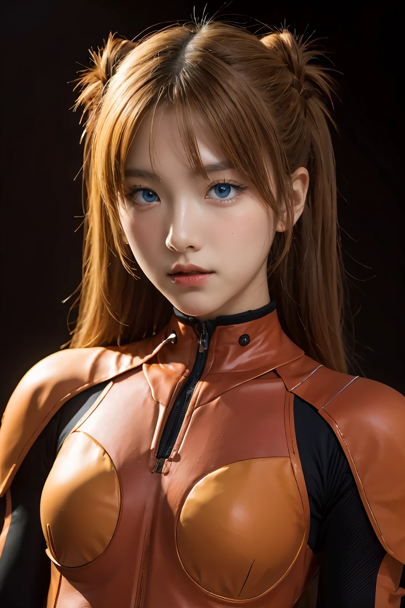 (Masterpiece: 1.4, highest quality), (intricate details), Unity8k wallpaper, super detailed, beautiful and mysterious, detailed background, realistic, solo, perfect detail face, detailed blue eyes, very detailed, blush, hair ornament, chignon mahogany hair, (blonde hair), plug suit 02,Shikinami Asuka Langley, Evangelion, slender 15-year-old girl, full body suit, black background, Above the waist