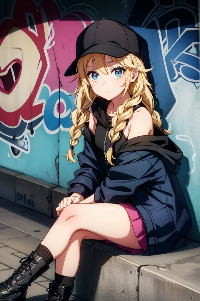 a girl with long blonde hair sitting on a bench next to graffiti, 1girl, solo, blue eyes, blonde hair, braid, long hair, hat, baseball cap, black headwear, graffiti, twin braids, looking at viewer, black footwear, sitting, jacket, off shoulder, hood