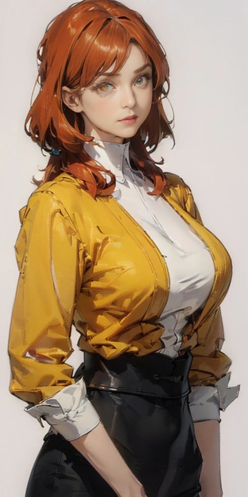 ((Plain background 1:2)) Beautiful tall lady with red hair and yellow eyes super realistic and well designed suit outfit