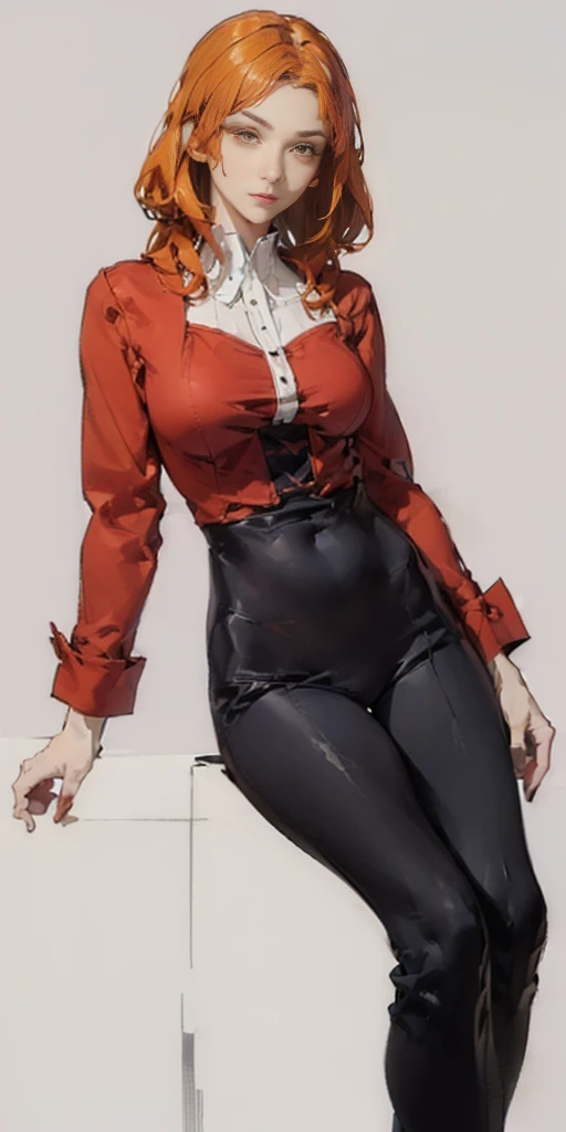 ((Plain background 1:2)) Beautiful tall lady with red hair and yellow eyes super realistic and well designed suit outfit