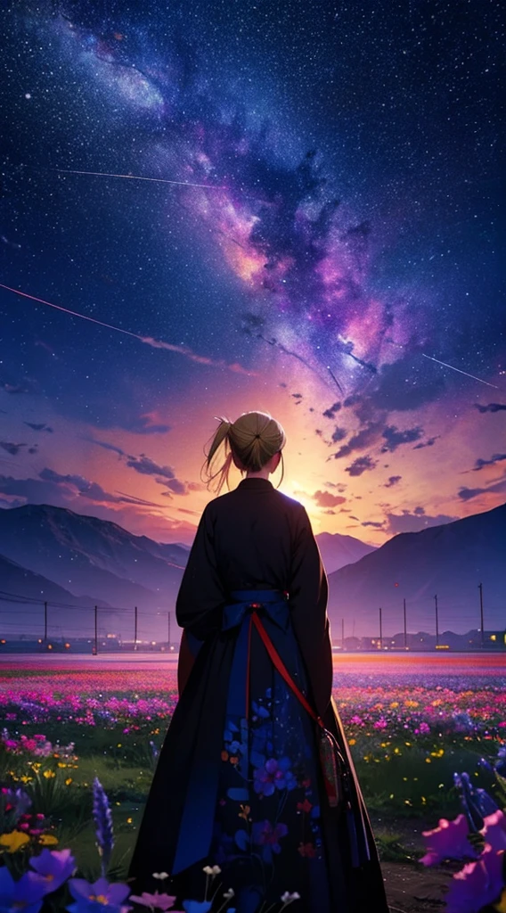 1people々々,Blonde ponytail woman,Long coat, Dress Silhouette, Rear View,Space Sky, Flower Field,Colorful flowers