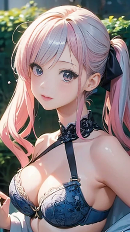 Young 、Anime girl with pink hair and a ribbon in her hair, Cute realistic portrait, 髪の毛はSilver、Gweitz, Magical Girl Portrait, Cute Characters, Cute art style, Anime Moe Art Style, MapleStory character art, cute portrait, Cute Anime Girl Portrait, Small person portrait, artwork in the style of Gweitz, Splash Art Anime ,purple、Detailed lace bra、See-through、See-throughのワンピースの水着、White ilver、Long twin tails、bird、Wind、Thick thigharried Woman、Raise the one-sided